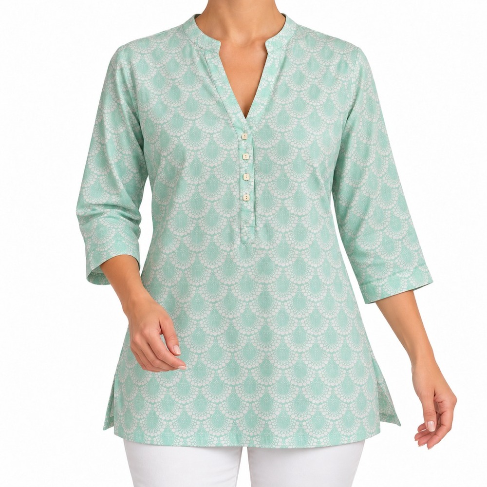 Peter Millar Tunic Women M Green Geometric Print 3/4 Sleeve Top Cotton Casual